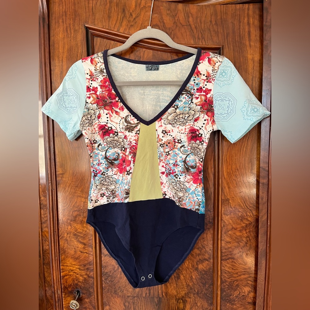 Mixed Media Cotton Jersey Bodysuit Floral Blue Mandala Motif One of a Kind XS/S